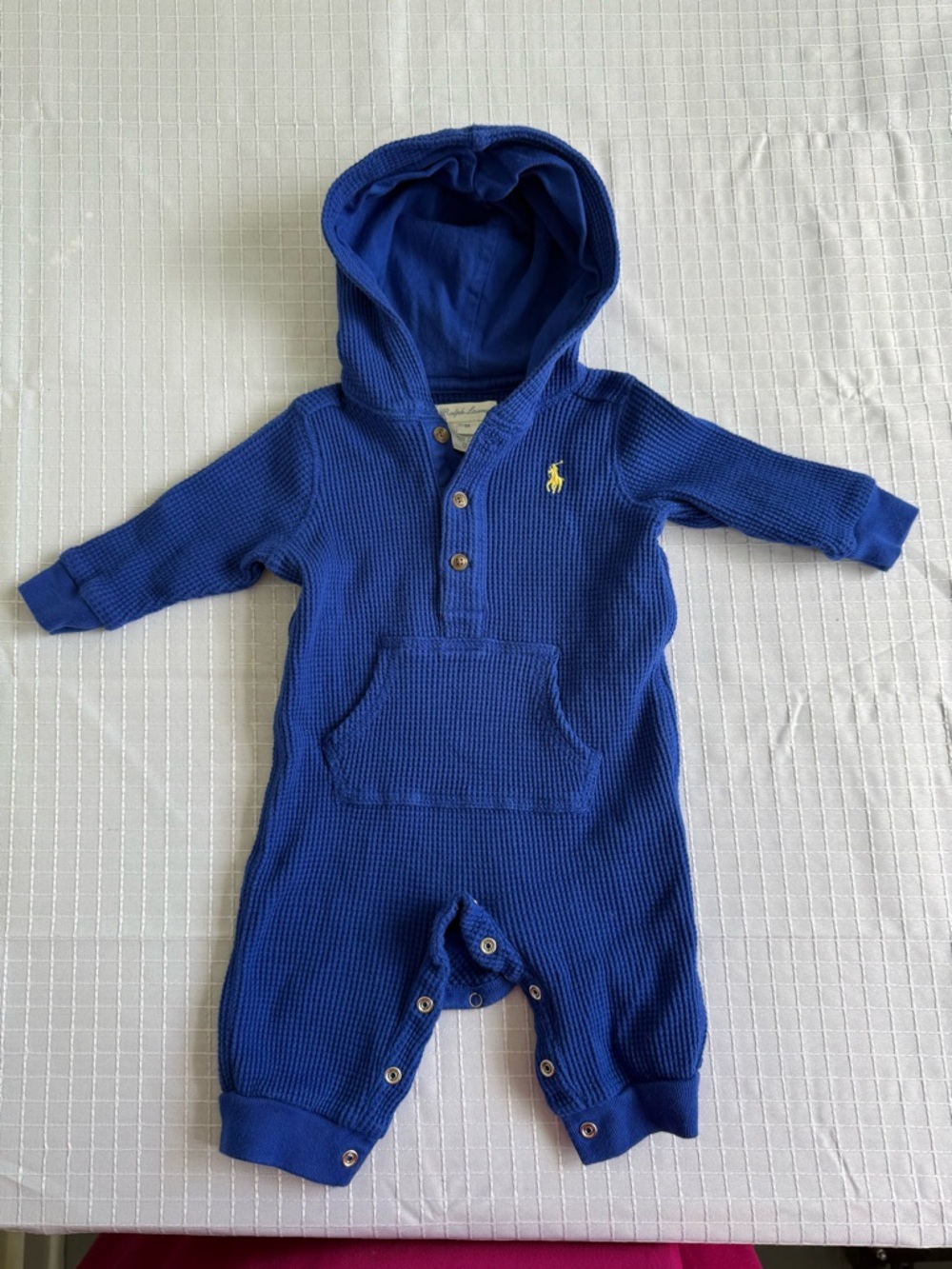 Ralph Lauren Blue Hooded Waffle Knit One-Piece with Polo Logo